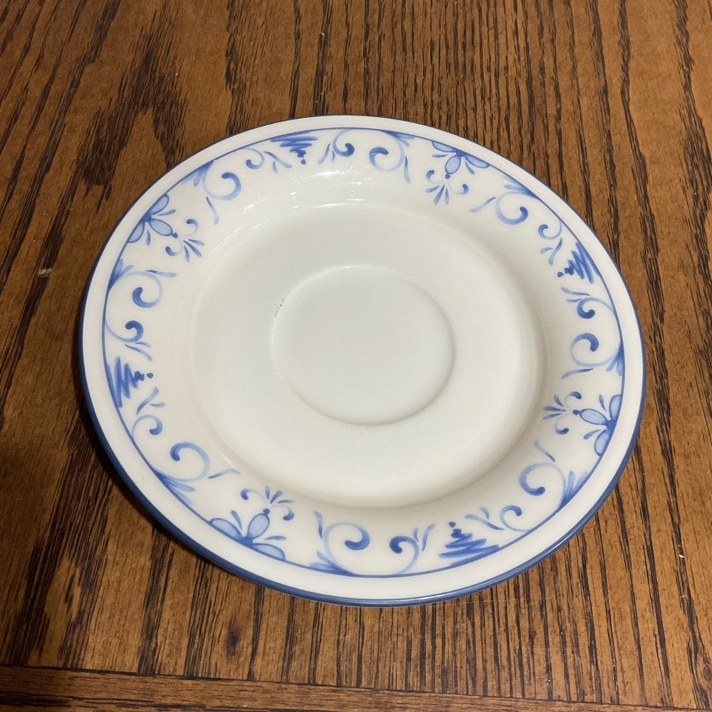 Lenox Chinastone White Saucer with Blue Floral Scroll Border